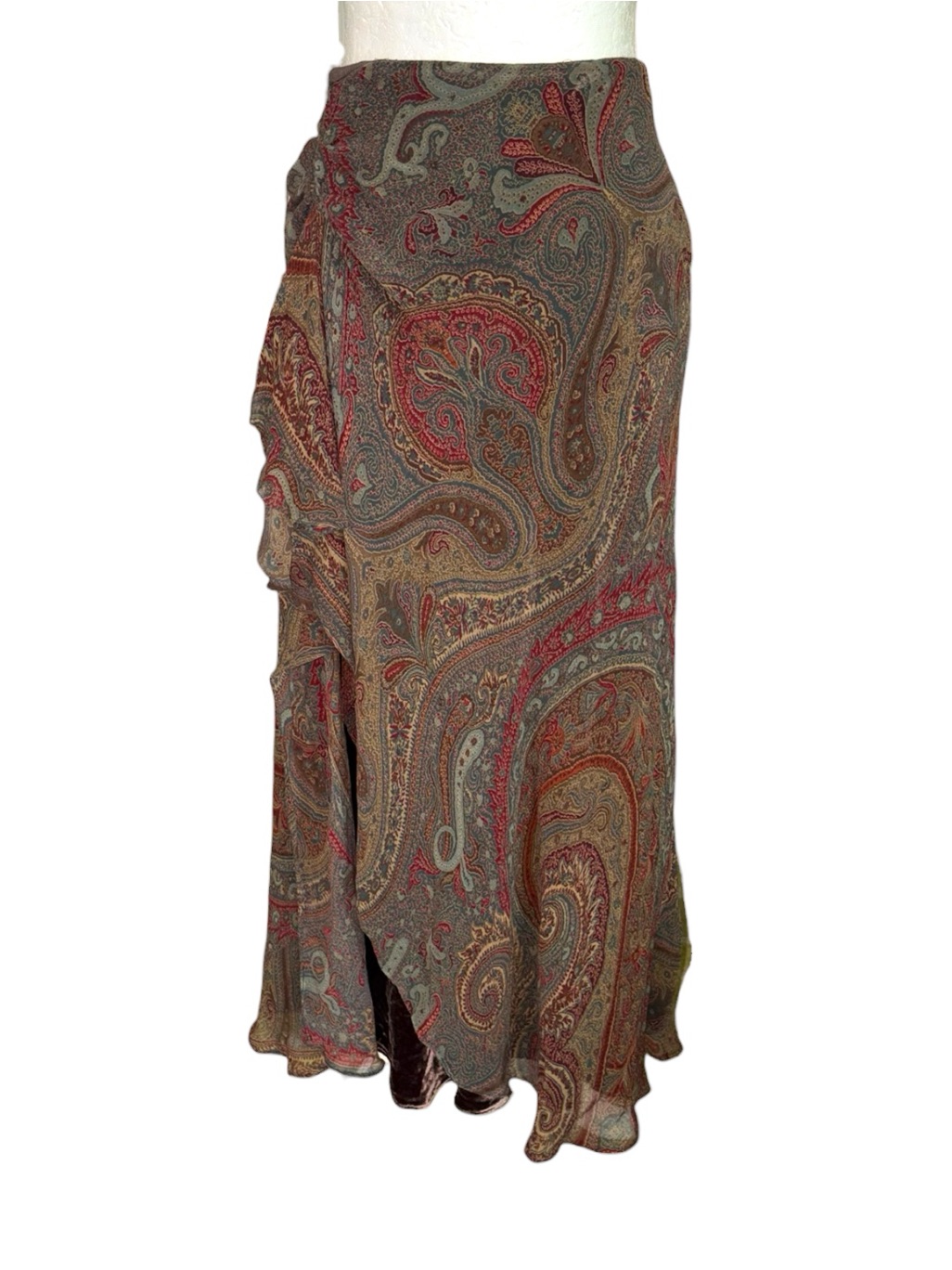 Ralph Lauren Silk Paisley Print Velvet Layered Cascading Ruffle Maxi Skirt - 14